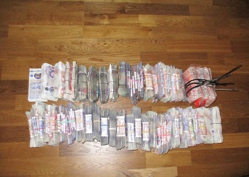 Bundles of cash lined up on a floor
