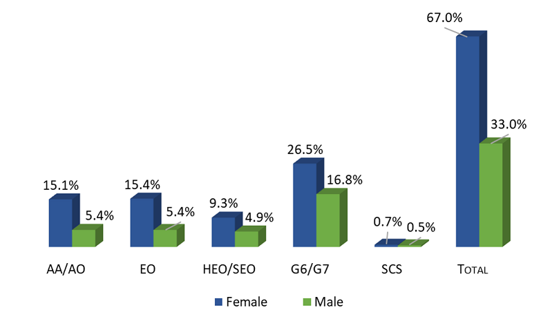 Graph showing Percentages by Gender and Grade across CPS workforce: Grade AA/AO: female 15.1%, male 5.4%/EO: female 15.4% male 5.4%/HEO &amp; SEO: female 9.3% male 4.9%/G6 &amp; G7: female 26.5% male 16.8%/SCS female 0.7% male 0.5%/Total: female 67% male 33%