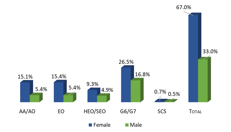 Graph showing Percentages by Gender and Grade across CPS workforce: Grade AA/AO: female 15.1%, male 5.4%/EO: female 15.4% male 5.4%/HEO & SEO: female 9.3% male 4.9%/G6 & G7: female 26.5% male 16.8%/SCS female 0.7% male 0.5%/Total: female 67% male 33%