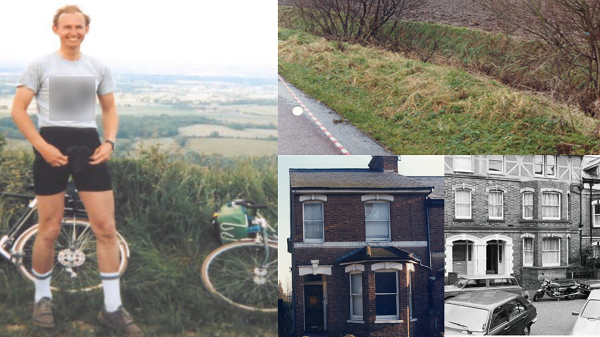 David Fuller cycling in the 1980s, the ditch where he left Caroline Pierce's body and the scenes of the murders