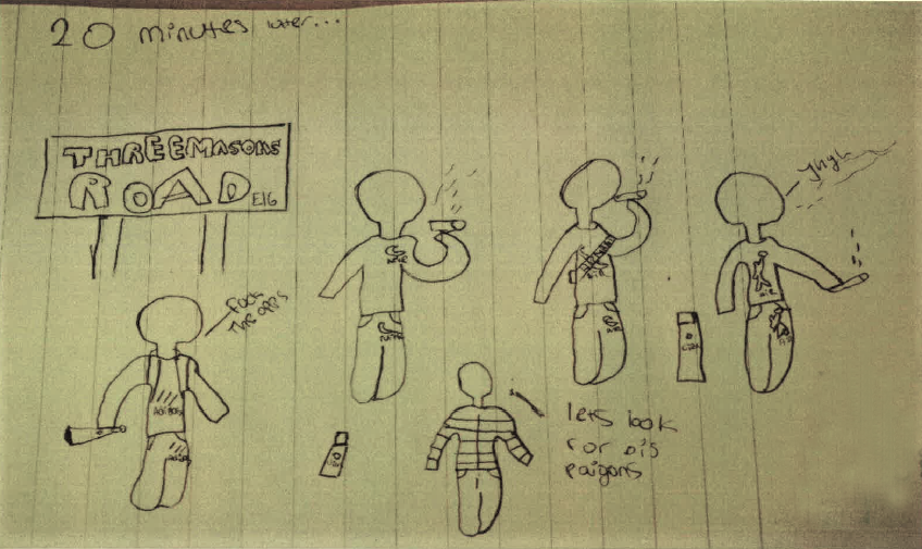 Another of Ture's drawings, which placed the gang at the murder scene