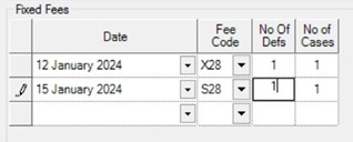 Image showing a section of the readout of the Parity calculation software, featuring a table with drop-down buttons. The title is 'Fixed Fees'. The column headings read consecutively: Date, Fee Code, No of Defs, No of Cases. The entries read as follows. On the top row: 12 January 2024, X28, 1, 1. On the second row: 15 January 2024, s28, 1, 1.