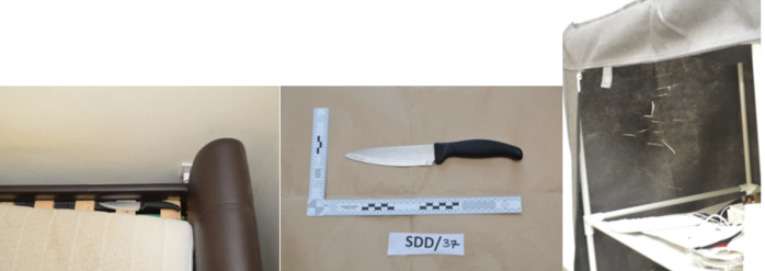 Left to right: knife found under Mohiussunnath Chowdhury’s bed, the knife, and practice stab marks on his canvas wardrobe
