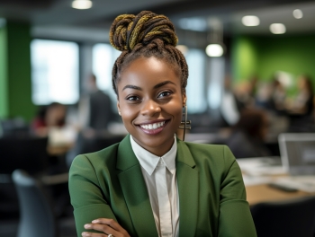 A smiling, confident-looking woman in a business suit smiles at the camera