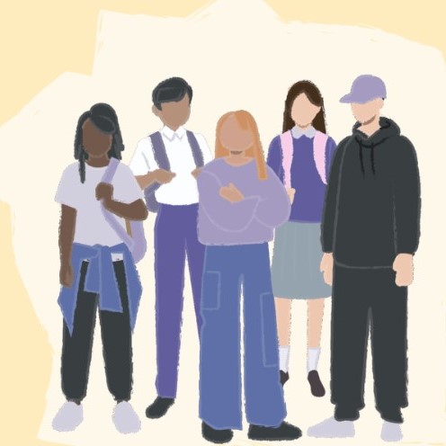 a cartoon image of a diverse group of young people, dressed casually or in what appears to be school uniform