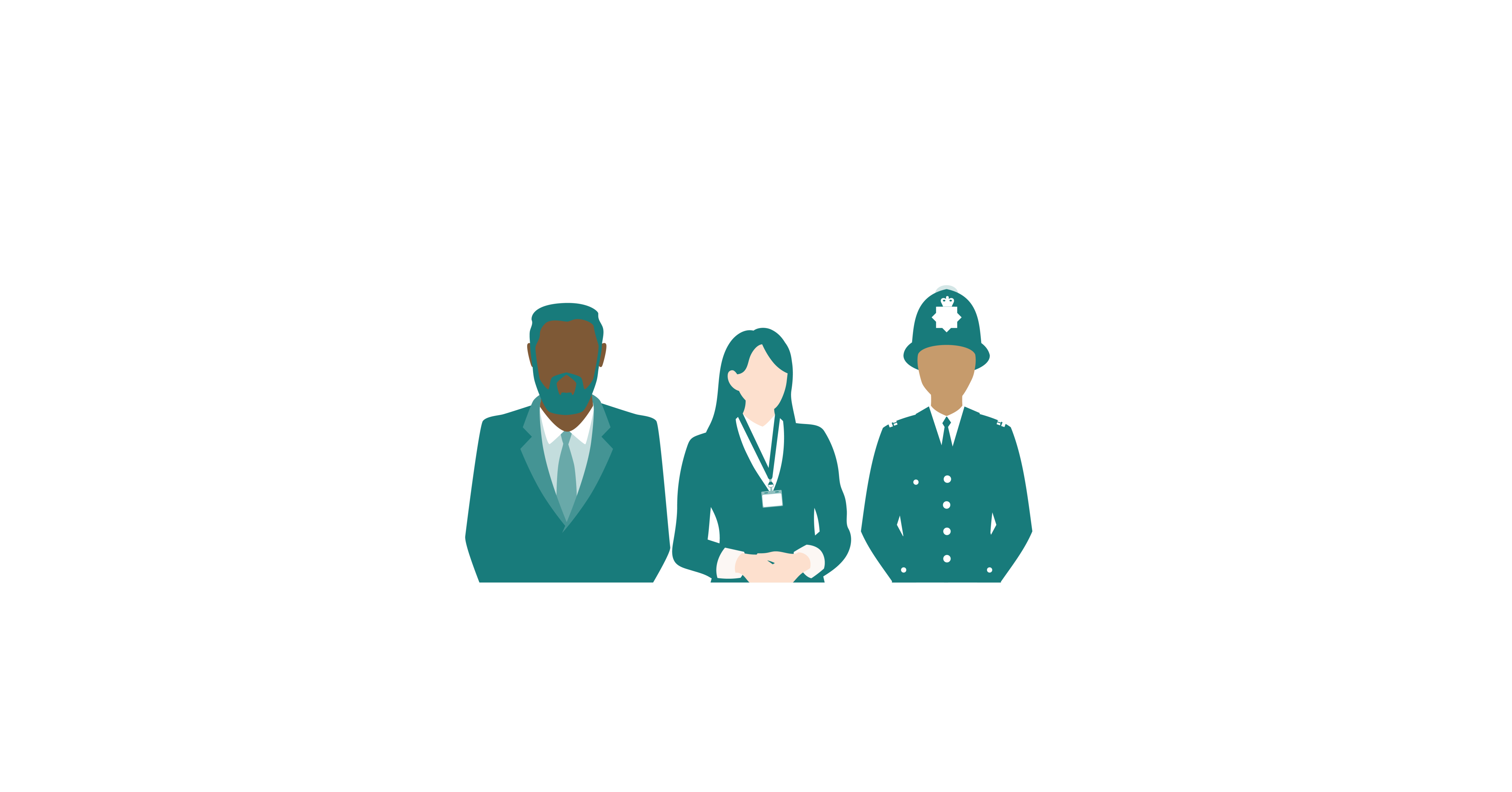 A graphic of a CPS prosecutor, a support worker and a police officer standing together