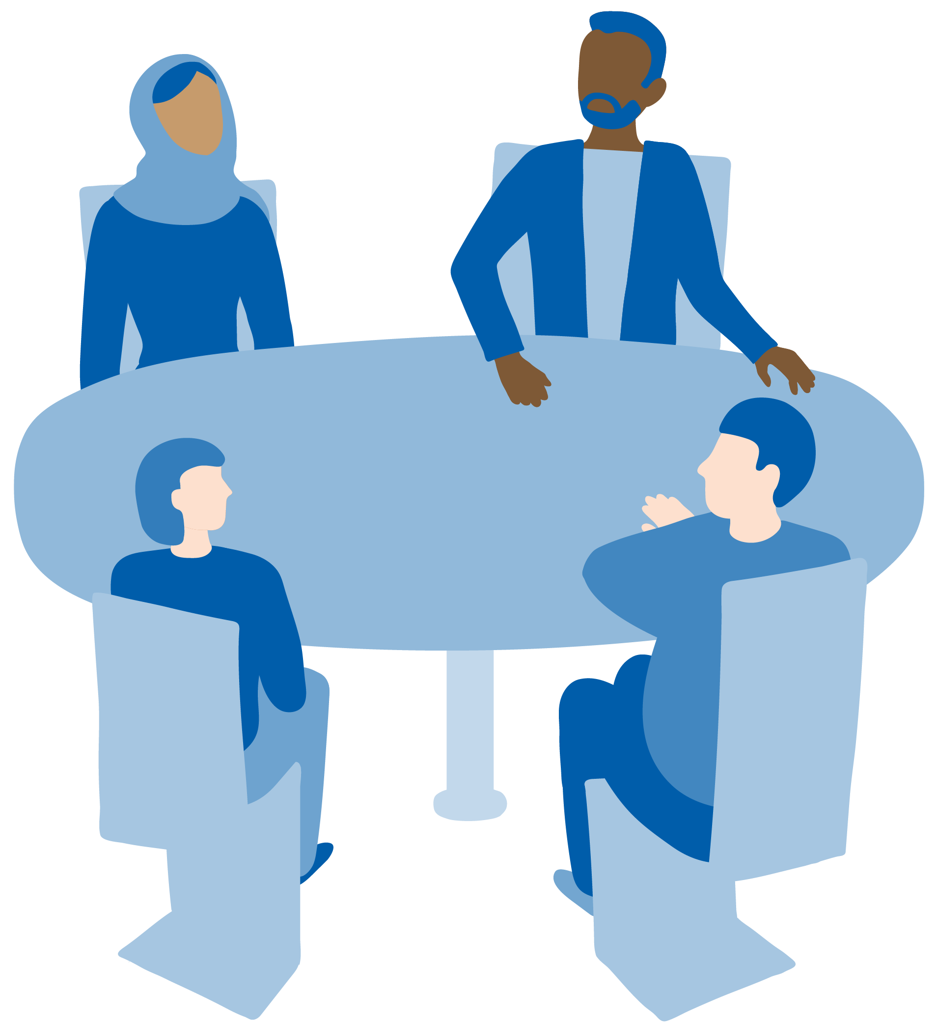 A graphic of a diverse group of people sitting around a table, they are of a range of ethnicities and faiths.