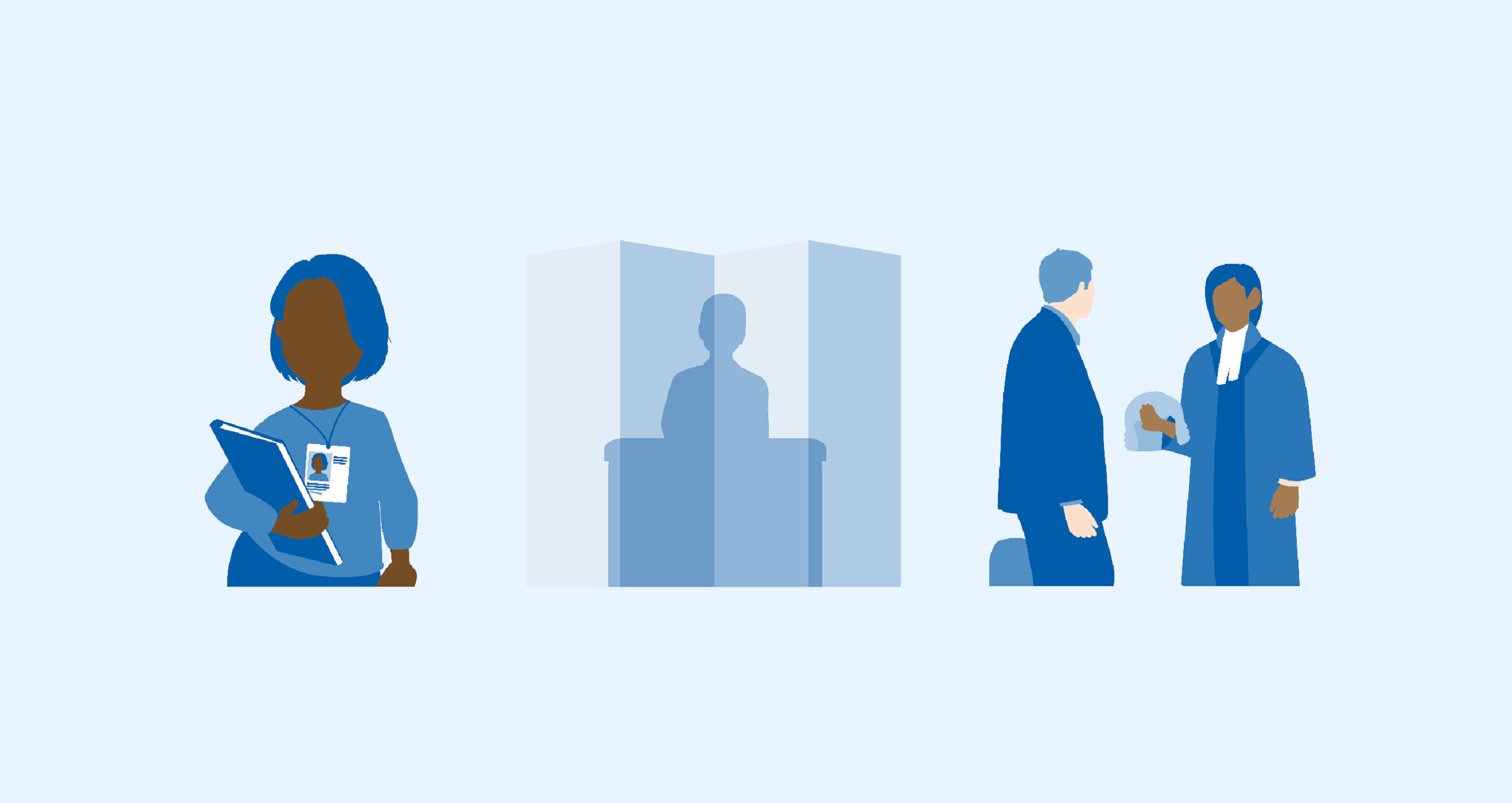 A graphic with three pictures - one of a support worker, one of a witness giving evidence behind a screen and one of a lawyer talking to a victim