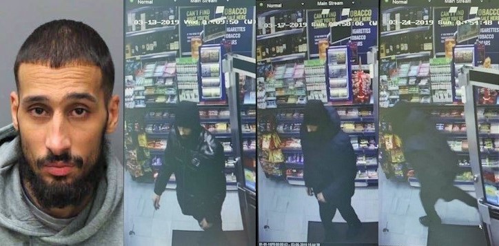 Gunn, left, caught on CCTV visiting the shop twice (centre) before the day of the murder (right)