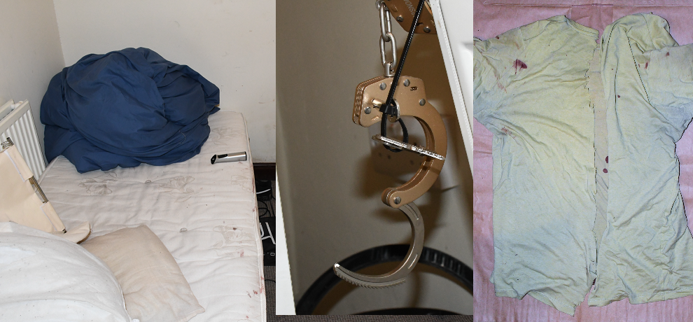 Room where man was held, handcuffs on radiator, victim's t-shirt