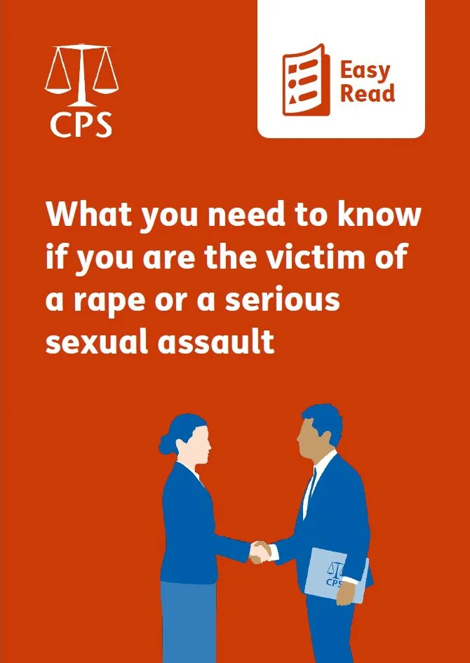 Image of the cover of the Easy Read guide called 'What you need to know if you are the victim of a crime'. It shows a graphic of two figures, one female, one male, dressed in office wear, shaking hands. The male figure is holding a closed laptop computer with a CPS logo on it by his side in his left hand.