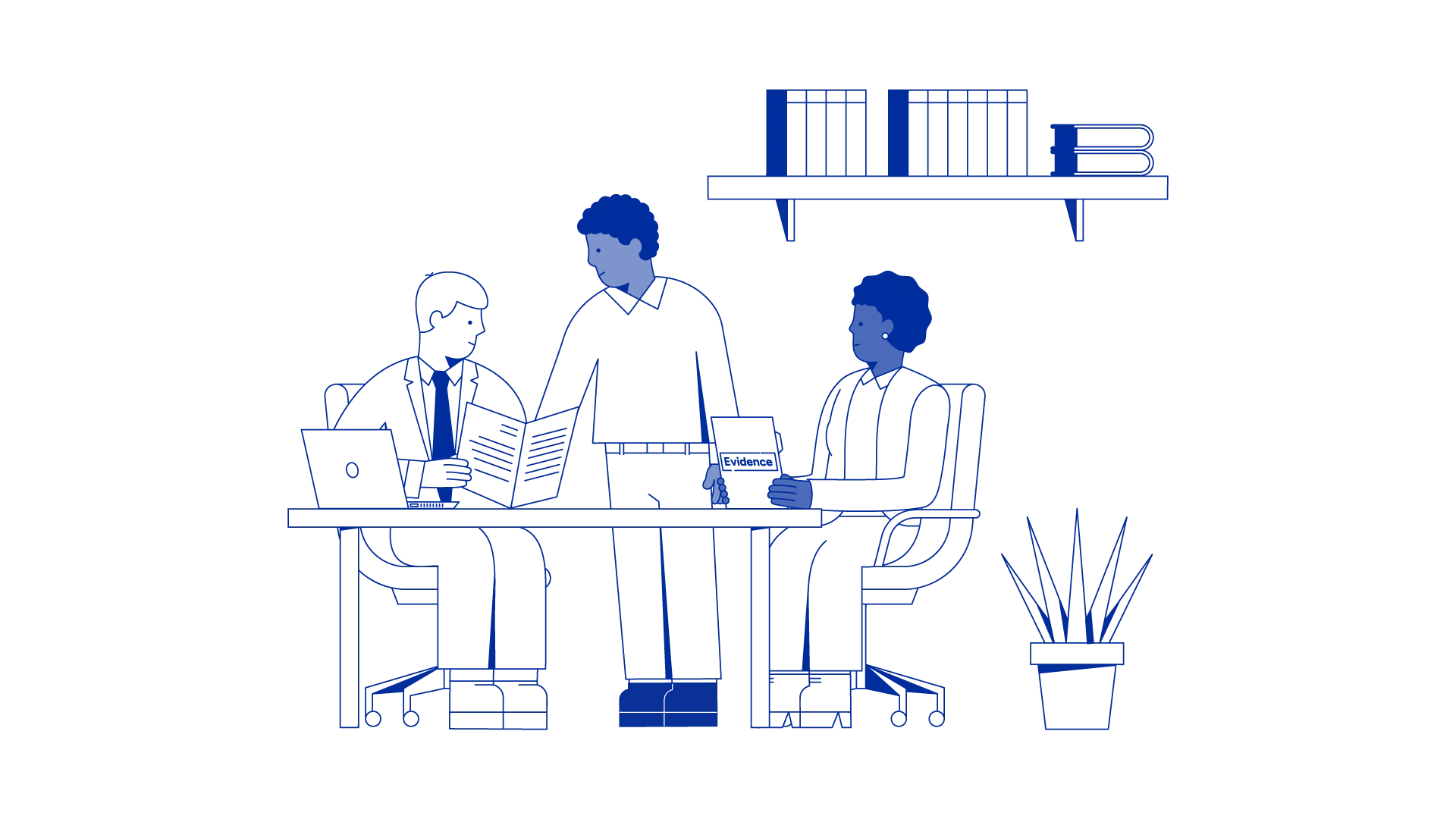A graphic line iimage showing three people, two seated at a desk and the other standing between them. There is a laptop open in the desk. The person on the left holds a stylised document, while the person on the right holds a stylised file or folder with 'Evidence' as a title on the front