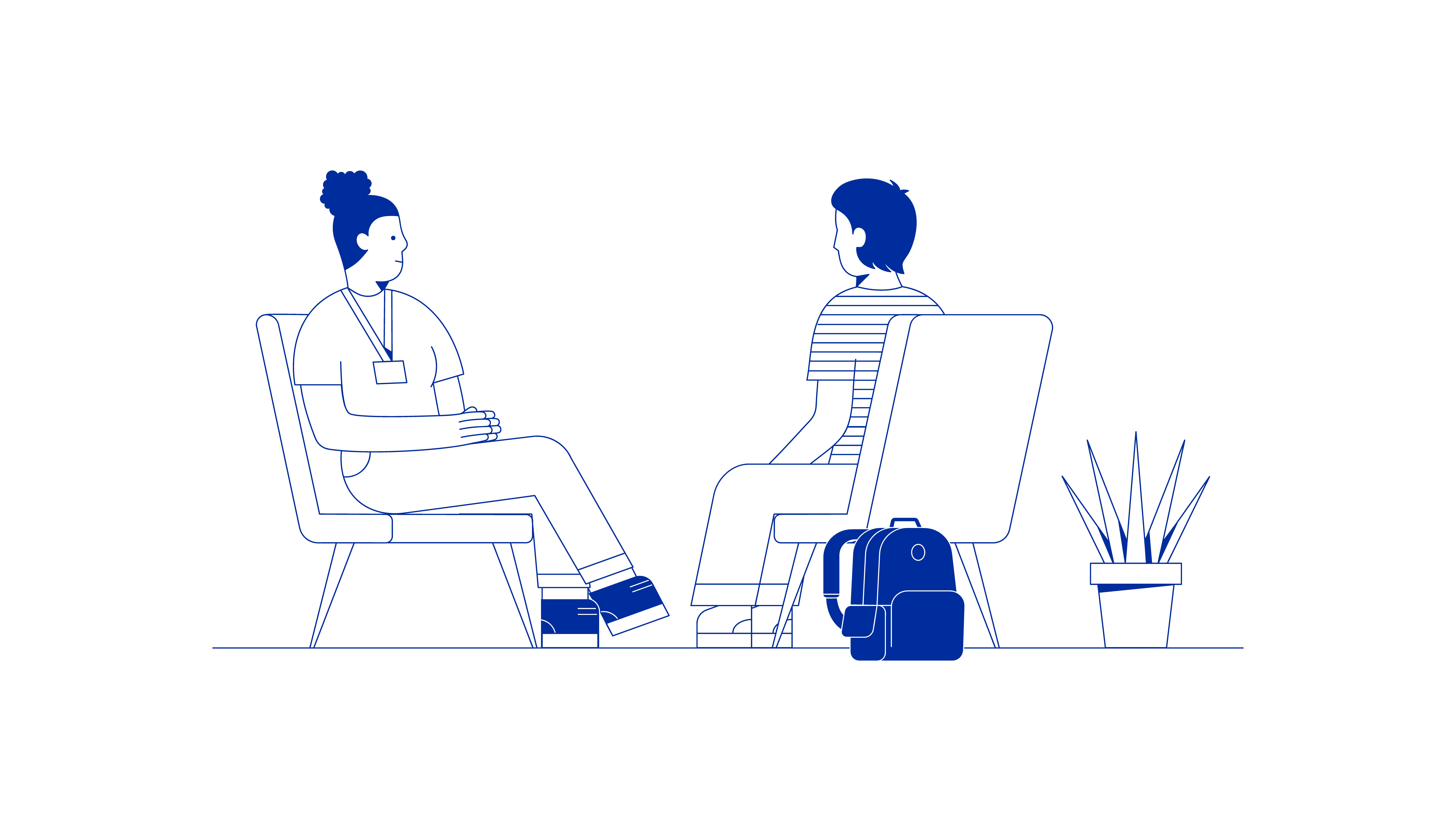 Drawing of two people, one a female support worker, casually dressed, with a lanyard and badge, sitting facing a young person, also sitting, facing slightly away from us, with a backpack placed behind their chair.