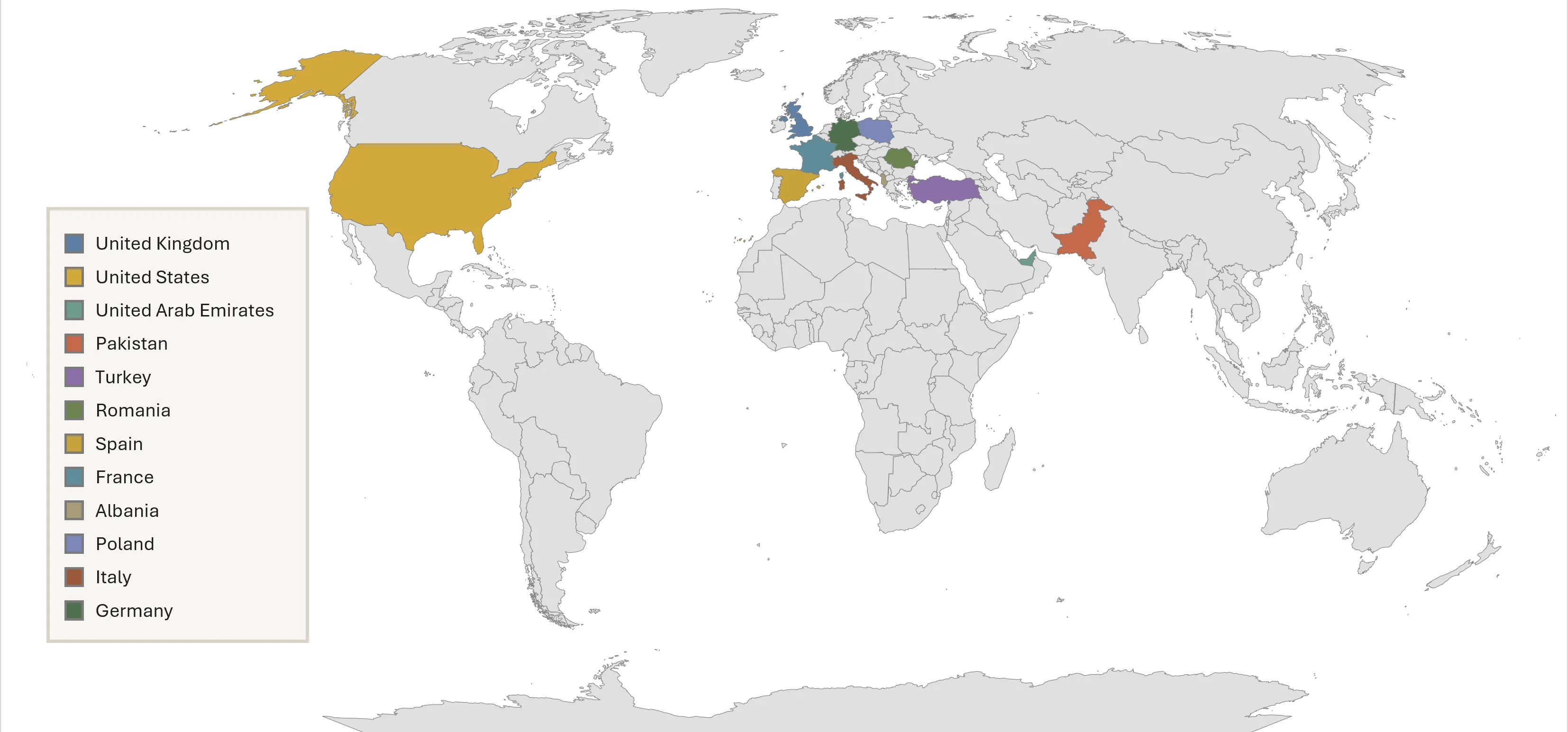 Map of the World, showing the countries where CPS Liaison Prosecutors are deployed, namely: The United Kingdom, United States of America, United Arab Emirates, Pakistan, Turkey, Romania, Spain, France, Albania, Poland, Italy and Germany.